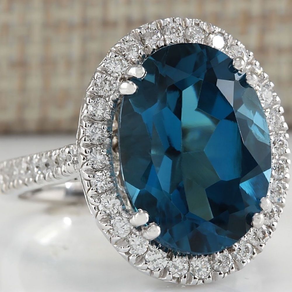 925 Sterling Silver Dark Blue Oval Topaz RING With CZ White Diamonds
